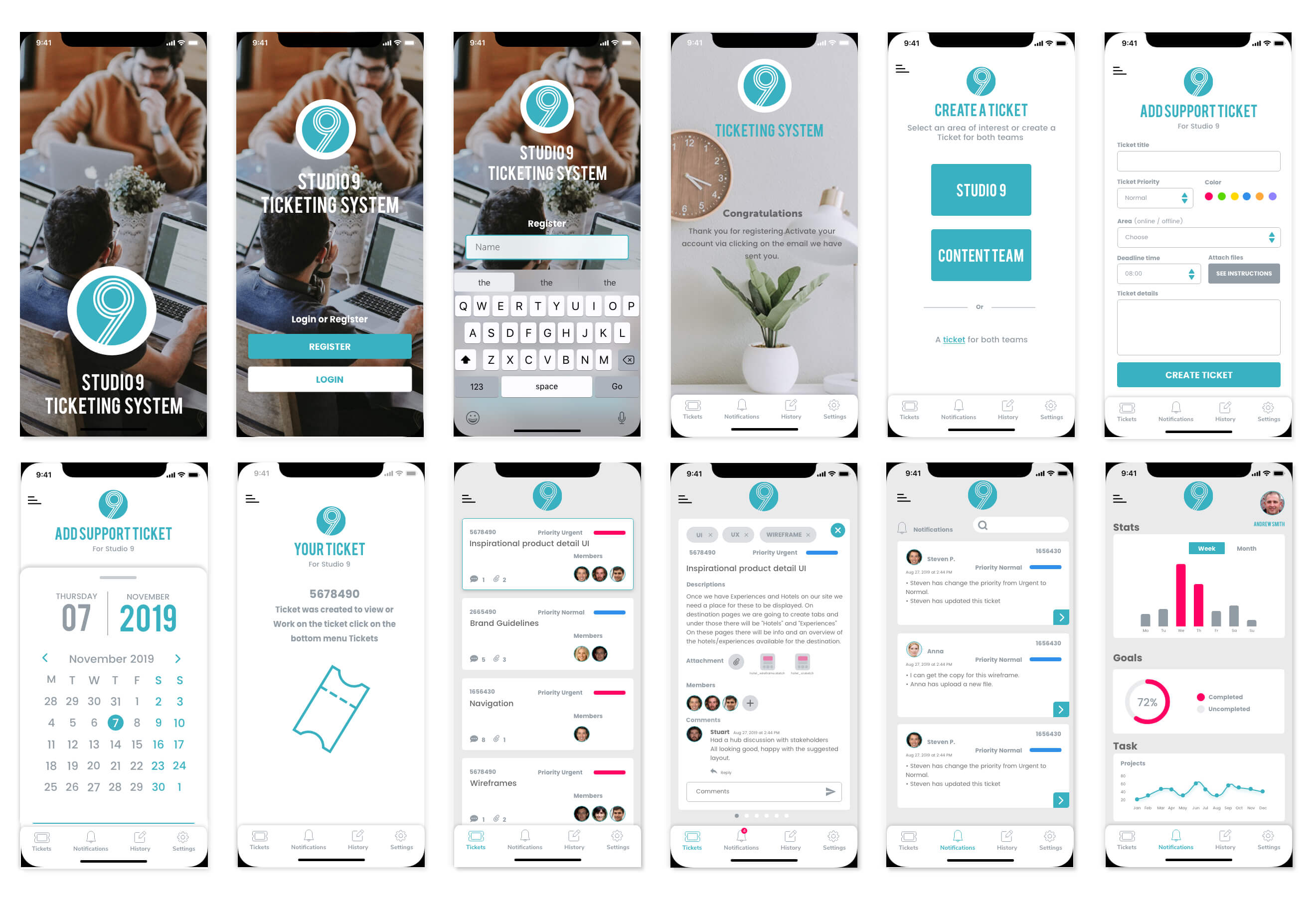 A series of designs  of mobile app for a ticketing dashboard